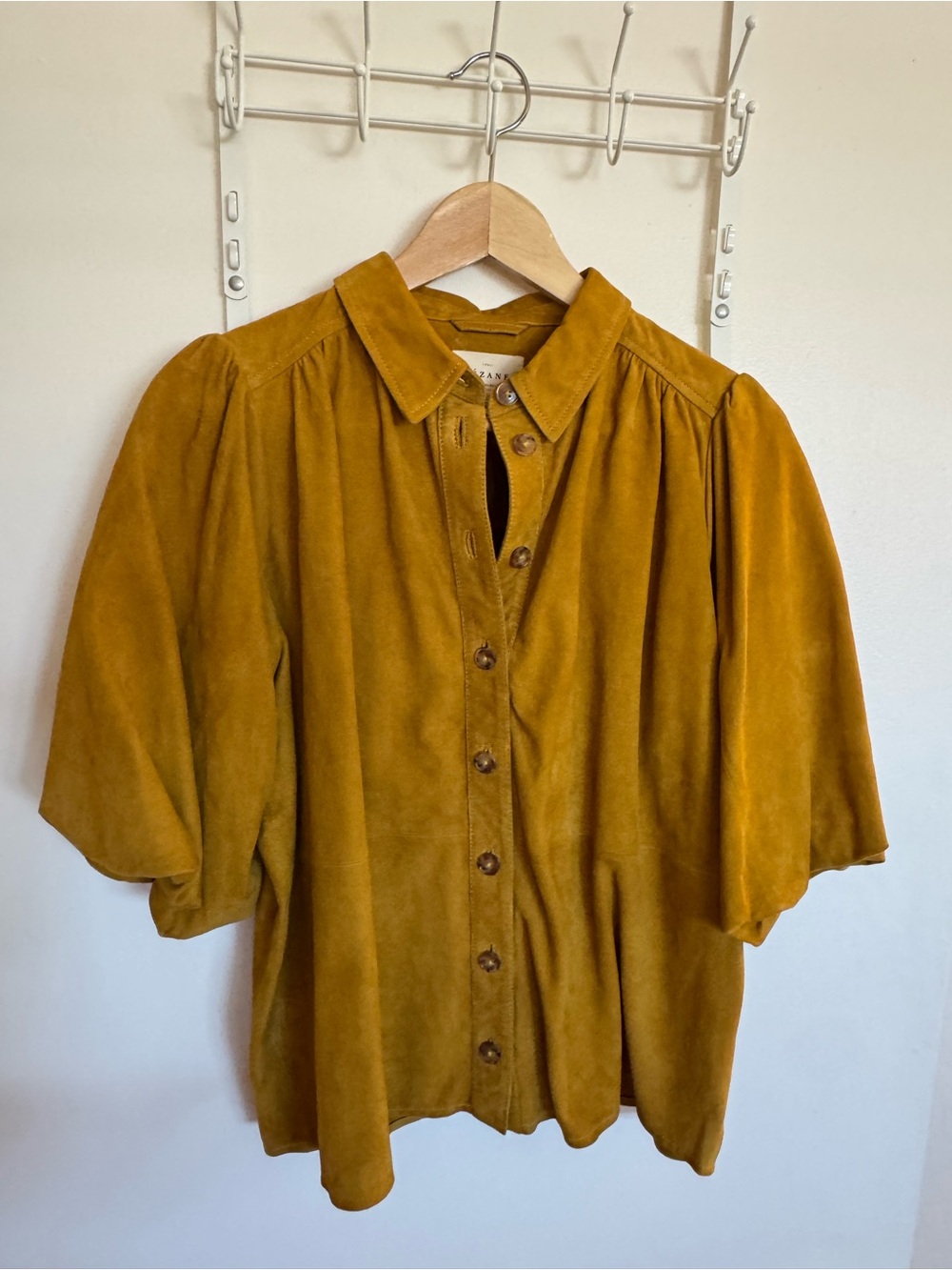 Sezane Mustard Button-Front Puff-Sleeve Top